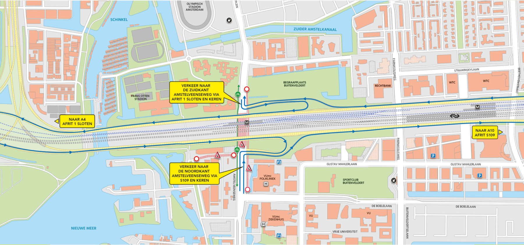 Wegwerkzaamheden rondom rechtbank Amsterdam 11 juli t/m 25 augustus