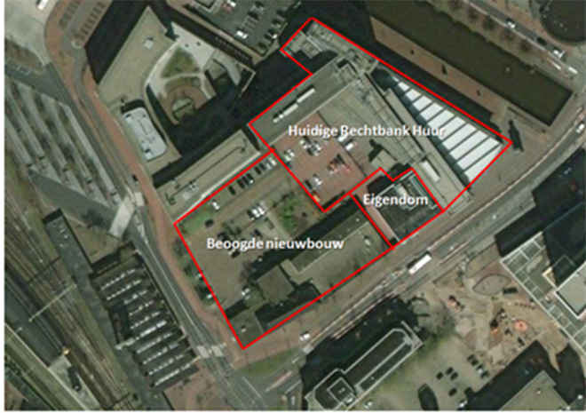 Luchtfoto gerechtsgebouw Almelo, huidig en nieuwbouwlocatie