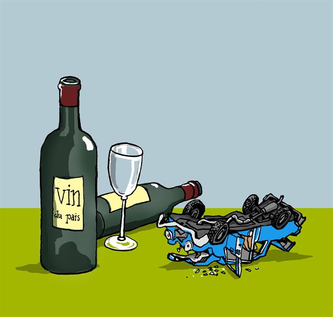 Tekening met twee wijnflessen en een auto ondersteboven in de kreukels