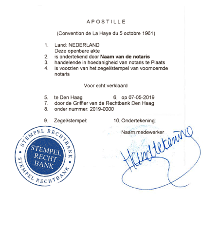 Voorbeeld van een getekende apostille met een stempel van de rechtbank