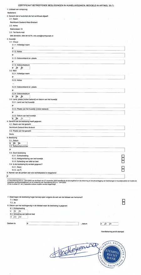 Voorbeeld van een certificaat echtscheidingen (Brussel II-bis)