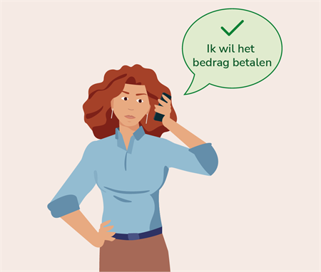 llustratie waarin een vrouw telefoneert en zegt 'Ik wil het bedrag betalen'.