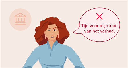 Illustratie waarbij een vrouw haar handen in de zij heeft en vastberaden zegt: “Tijd voor mijn kant van het verhaal”