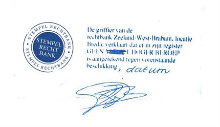 Voorbeeld van een stempel verklaring non-appèl die door de griffie wordt geplaatst