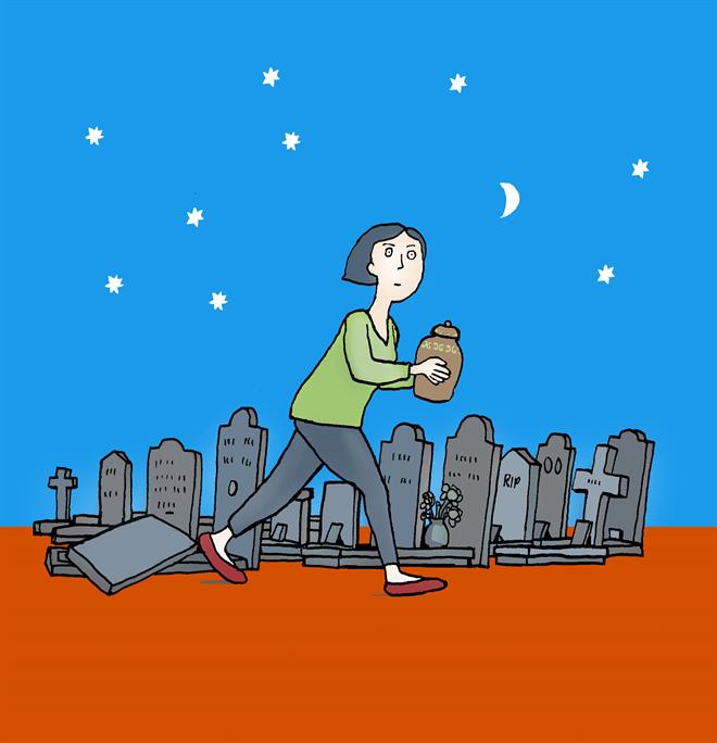 Tekening van vrouw met urn op begraafplaats