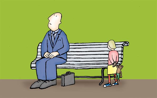 Tekening van man op bank en kind met beer