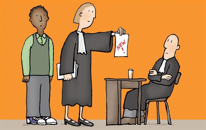 Tekening van advocaat die nieuw ambtsbericht laat zien aan rechter