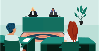 regelrechter in de zittingszaal in gesprek met beide partijen