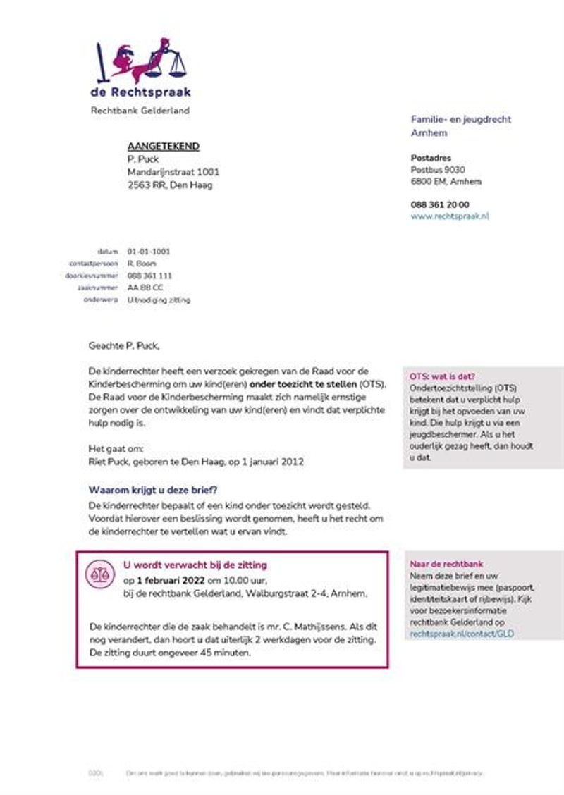 Eerste pagina van een brief van de Rechtspraak.