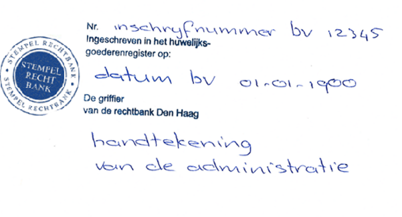 Voorbeeld stempel huwelijksgoederenregister met inschrijfnummer, inschrijfdatum en handtekening van de griffier ingevuld