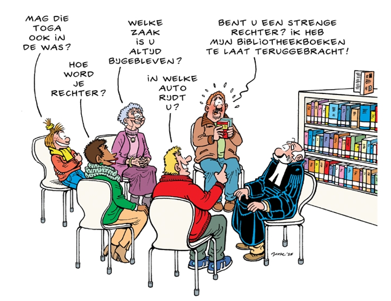Op de afbeelding staat een cartoon. Hierop staat mensen afgebeeld die in een kring zitten en vragen stellen aan de rechter. Voorbeelden van vragen: Mag de toga in de was? Hoe word je rechter?