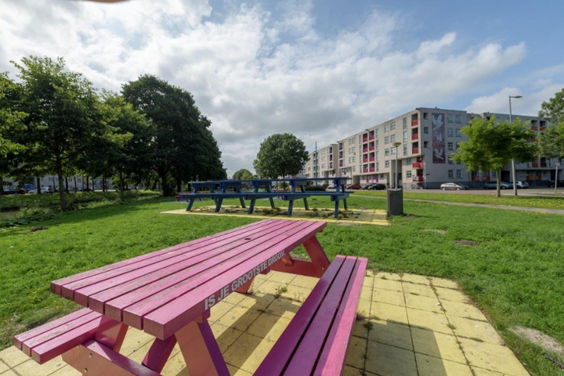 Grasveld met bomen en picknickbanken bij een laag flatgebouw.