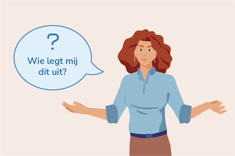 Illustratie van vrouw in vragende houding, die zich afvraagt wie uitleg kan geven.
