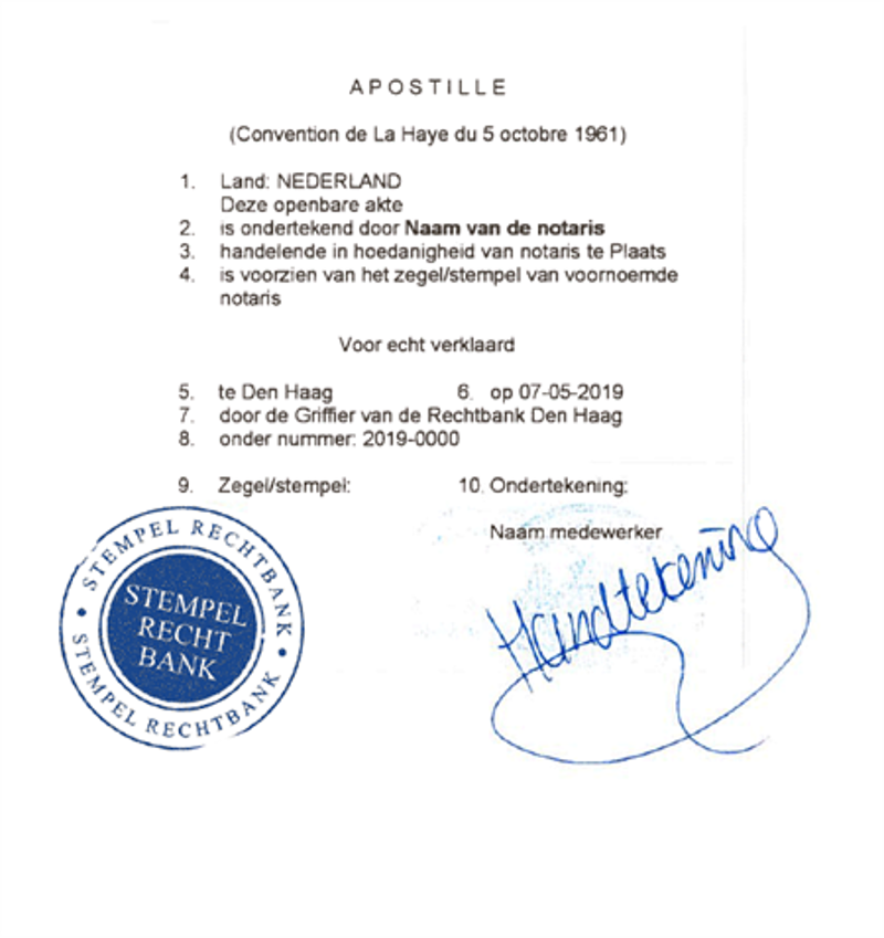 Voorbeeld van een apostille uitgegeven door de rechtbank Den Haag.