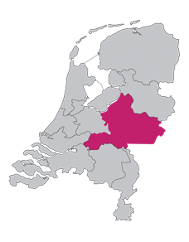 Kaart van Nederland met werkgebied van Rechtbank Gelderland