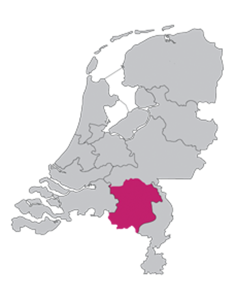 Kaart van Nederland met werkgebied van rechtbank Oost-Brabant