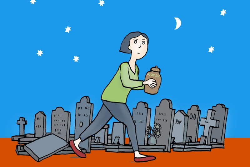 Tekening van vrouw met urn op begraafplaats
