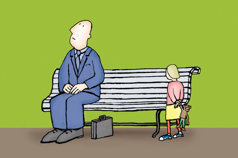 Tekening van man op bank en kind met beer