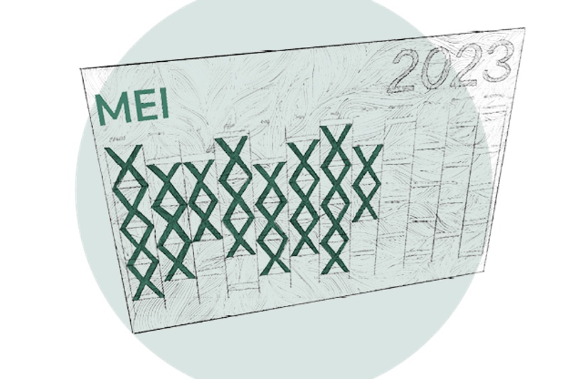 Op de illustratie staat een kalender uit 2023. Hierop staan op de maand mei 24 kruisjes.