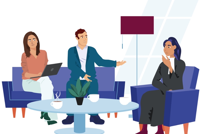 Regelrechter in een huiskamer in gesprek met beide partijen.