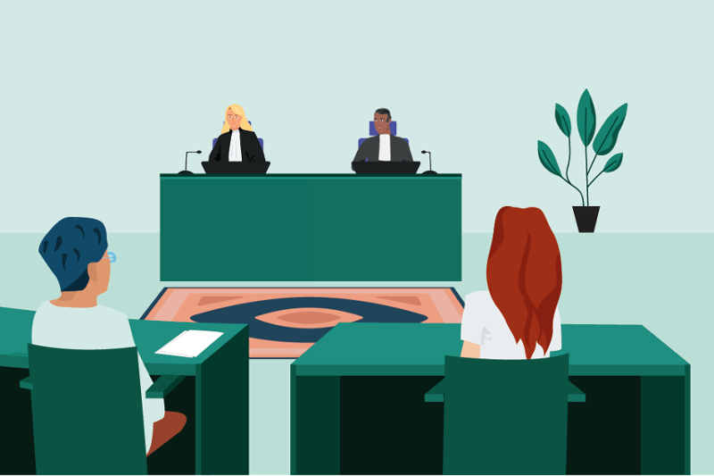 Regelrechter in de zittingszaal in gesprek met beide partijen.