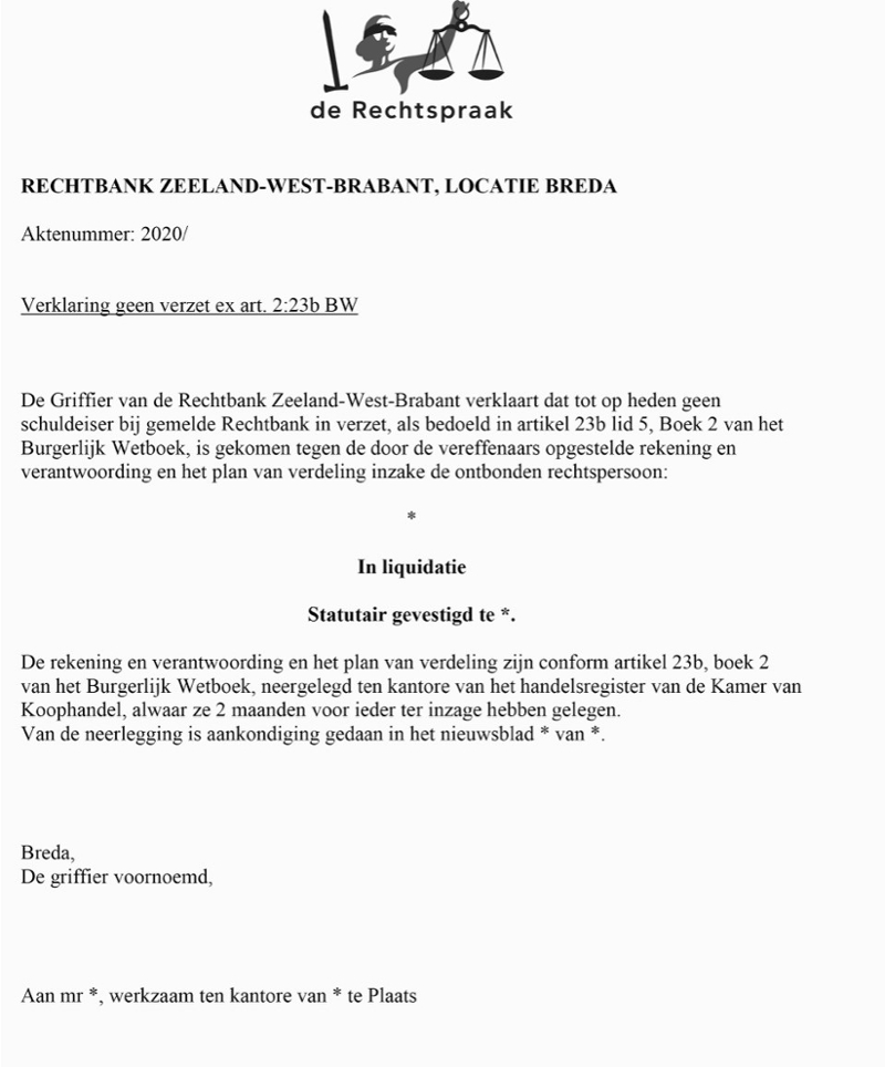 Op de afbeelding staat een voorbeeld van een akte non-verzet van de rechtbank Zeeland-West-Brabant, locatie Breda.