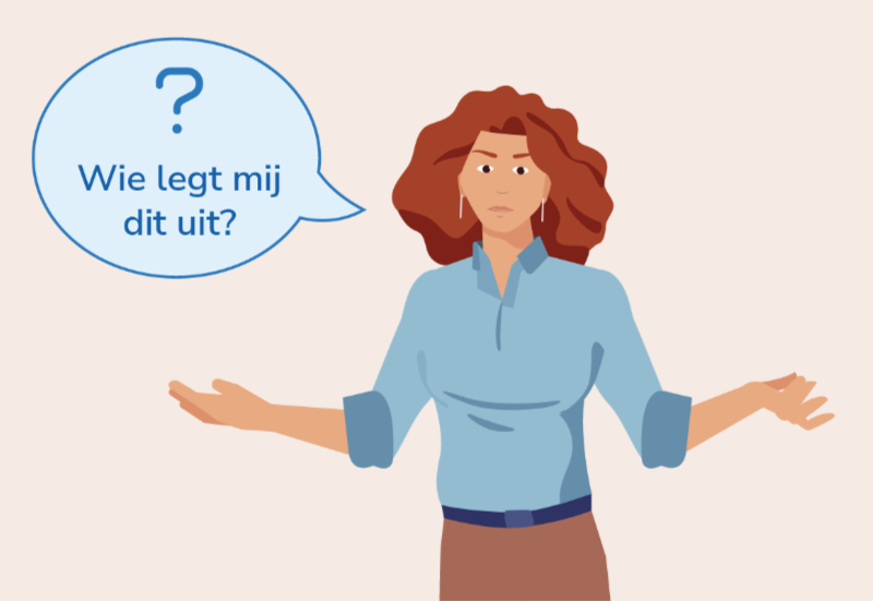Vrouw in vragende houding, die zich afvraagt wie uitleg kan geven.