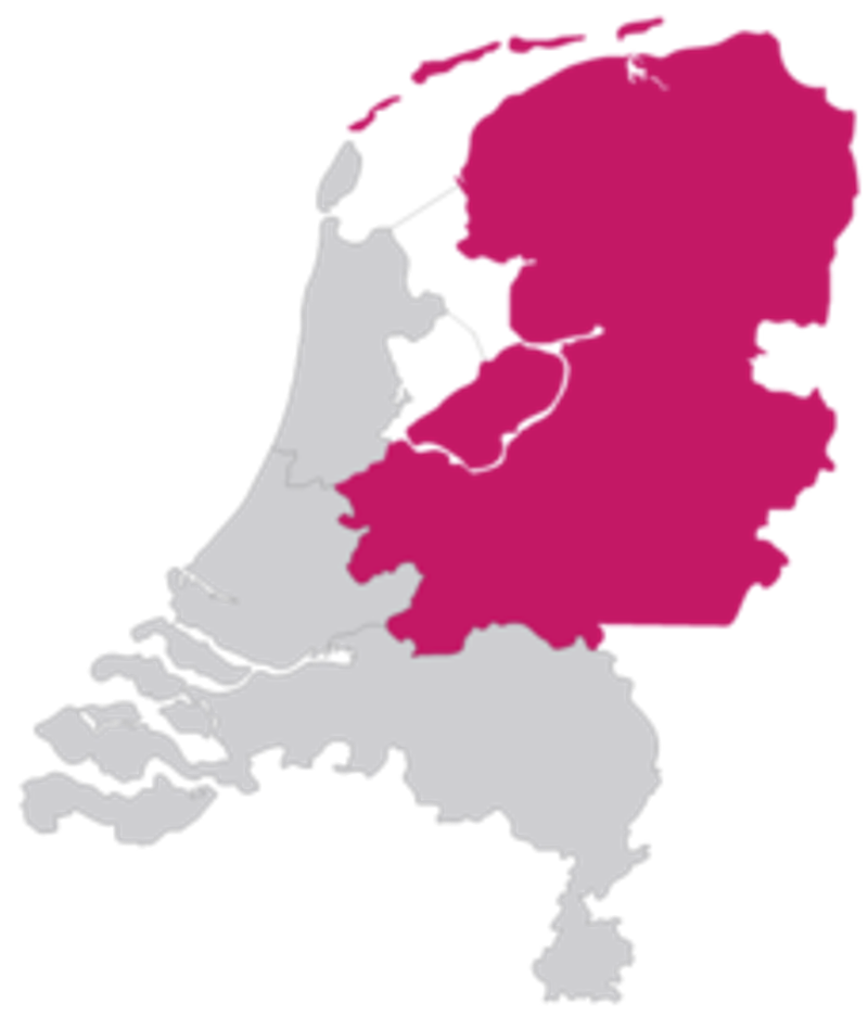 Kaart van Nederland met werkgebied van het gerechtshof Arnhem-Leeuwarden
