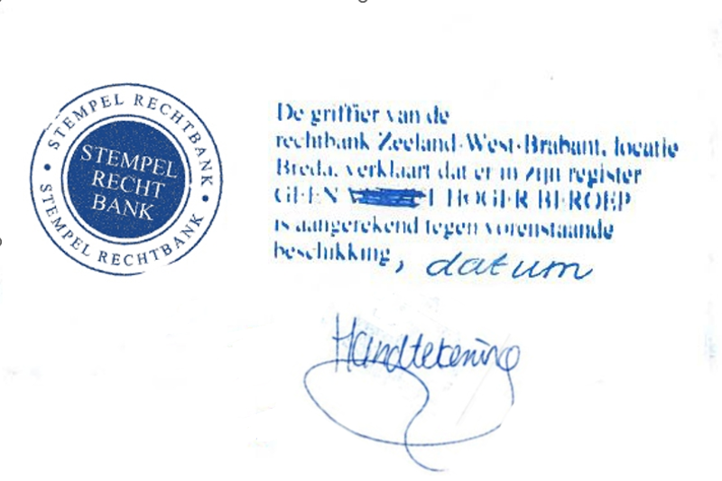 Voorbeeld van een stempel verklaring non-appèl die door de griffie wordt geplaatst